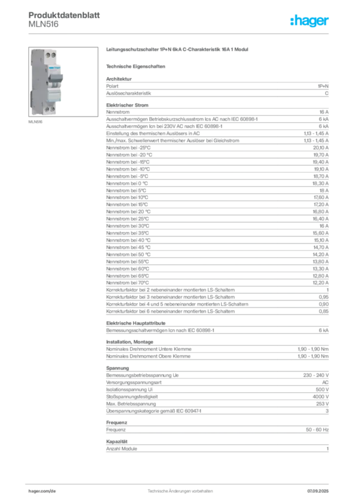 Bild Hager Produktdatenblatt MLN516 | Hager Deutschland