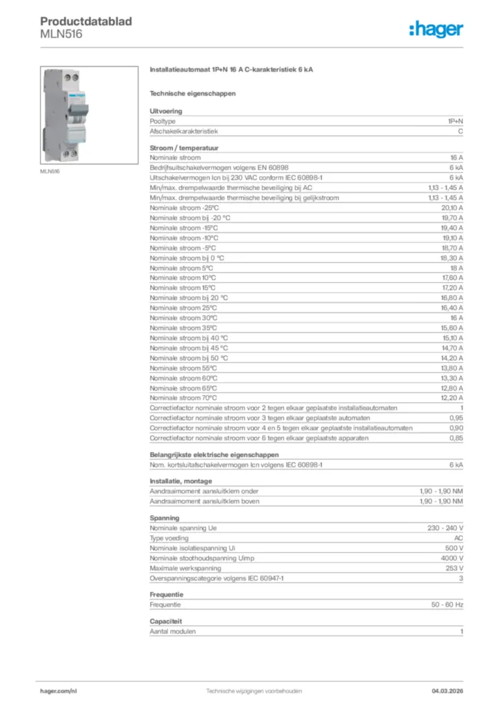 Afbeelding Hager Productdatablad MLN516 | Hager Nederland