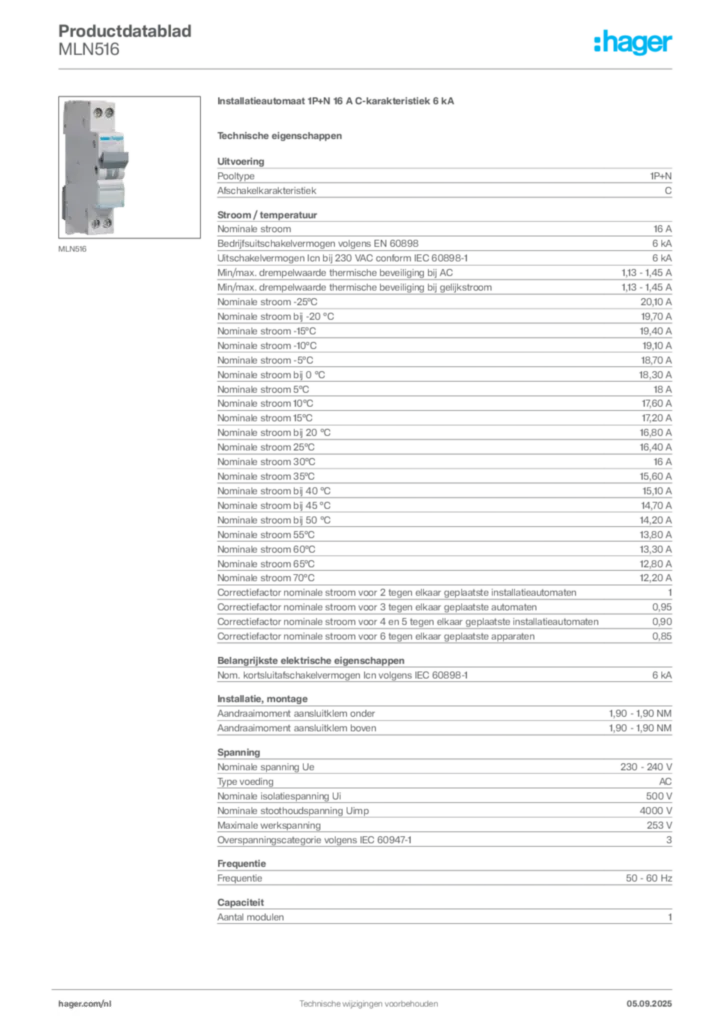 Afbeelding Hager Productdatablad MLN516 | Hager Nederland