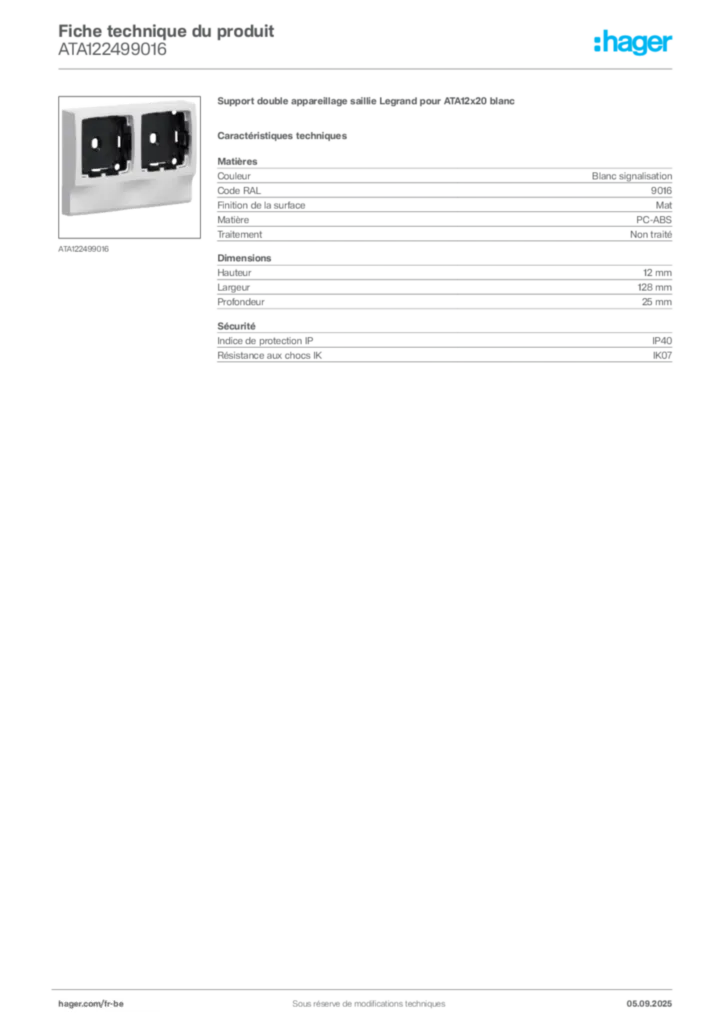 Image Hager Fiche technique du produit ATA122499016 | Hager Belgique