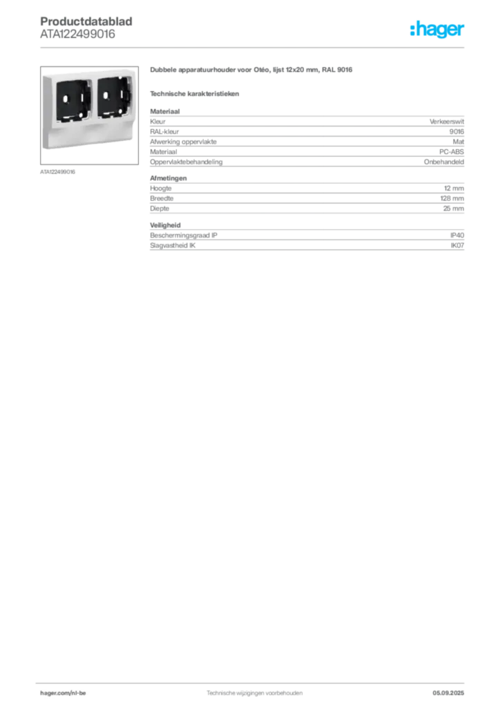 Afbeelding Hager Productdatablad ATA122499016 | Hager Belgium