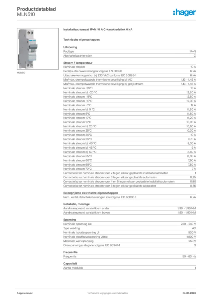 Afbeelding Hager Productdatablad MLN510 | Hager Nederland