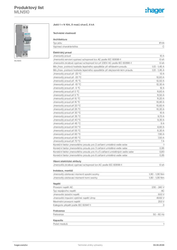 Obrázek Hager Product data sheet MLN510 | Hager