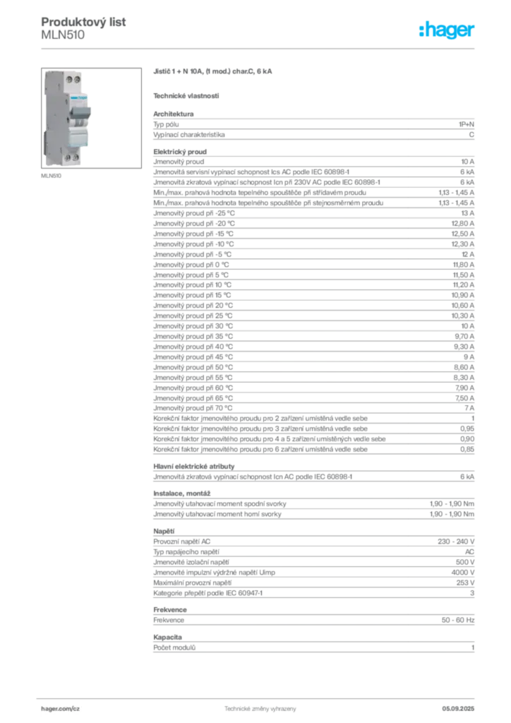 Obrázek Hager Produktový list MLN510 | Hager
