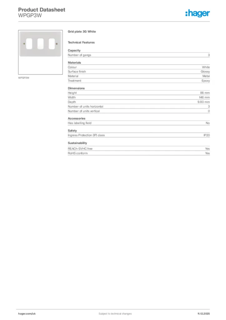 Image Hager Product data sheet WPGP3W  | Hager