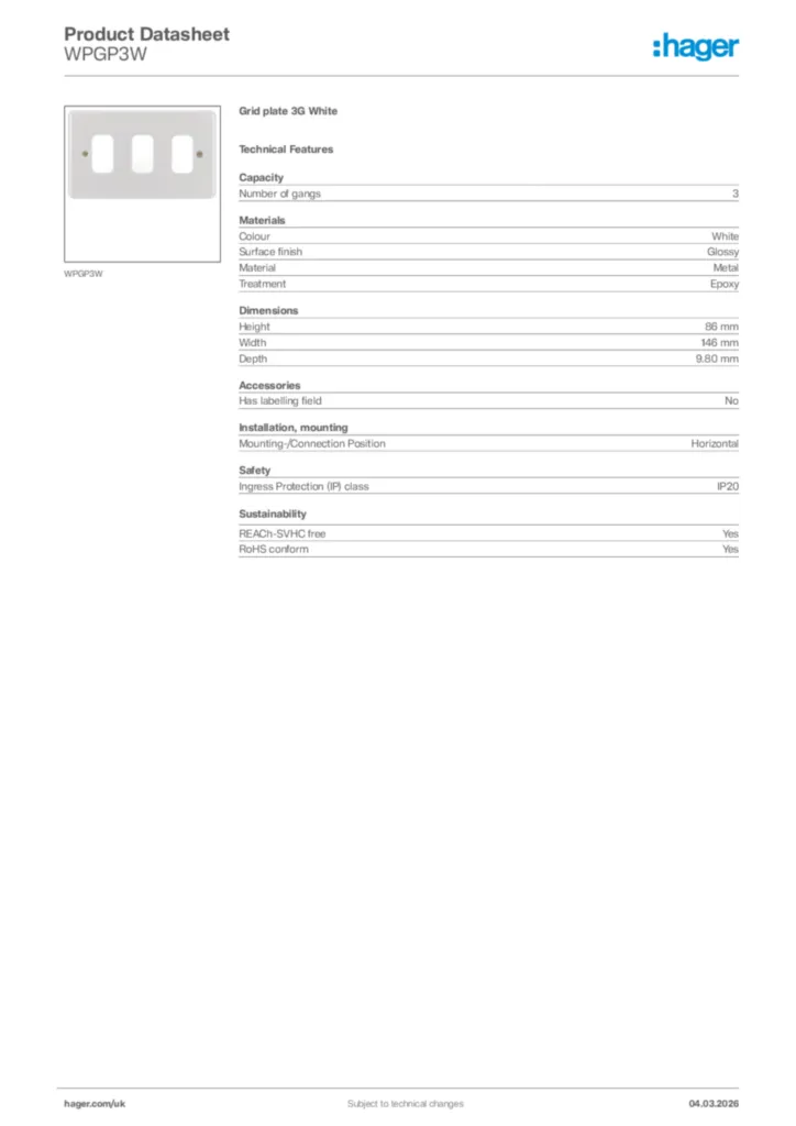 Image Hager Product data sheet WPGP3W  | Hager