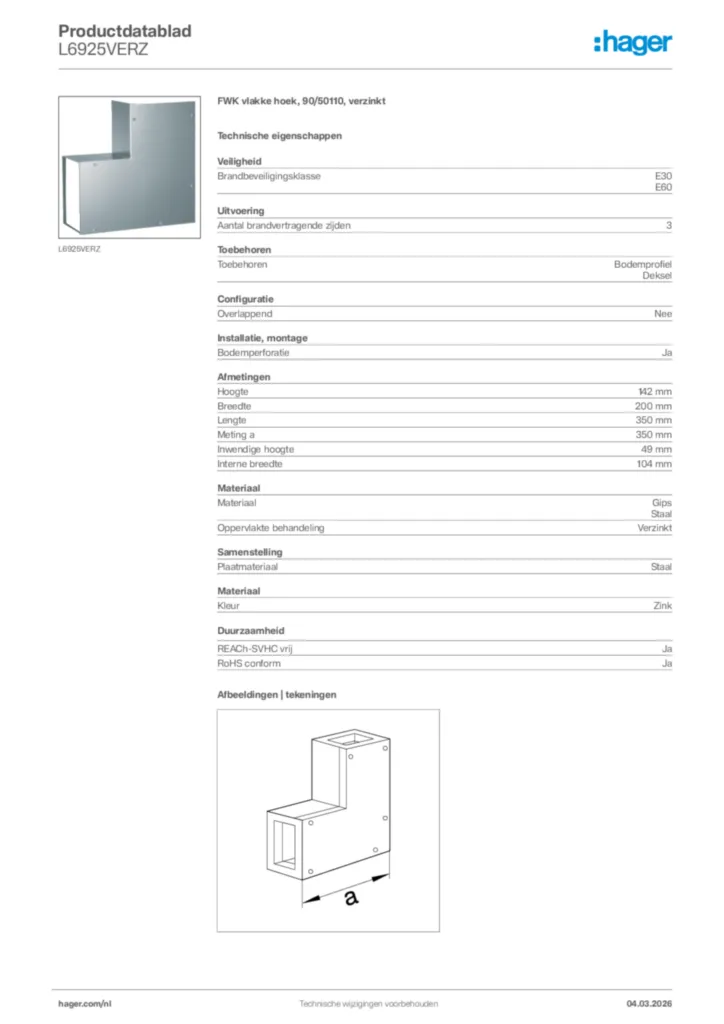 Afbeelding Hager Productdatablad L6925VERZ | Hager Nederland