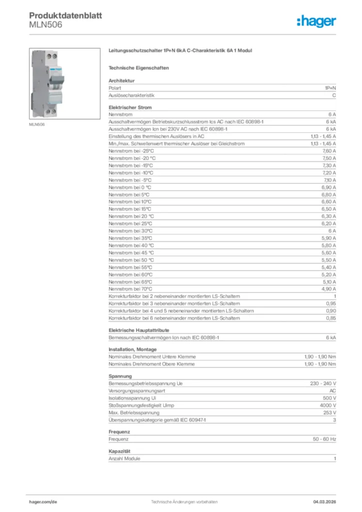 Bild Hager Produktdatenblatt MLN506 | Hager Deutschland