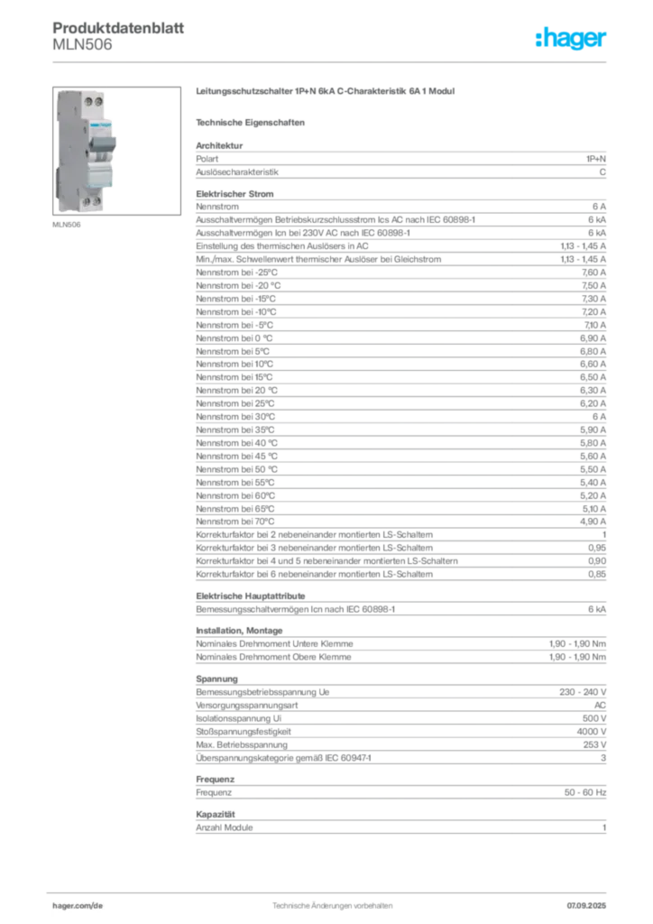 Bild Hager Produktdatenblatt MLN506 | Hager Deutschland