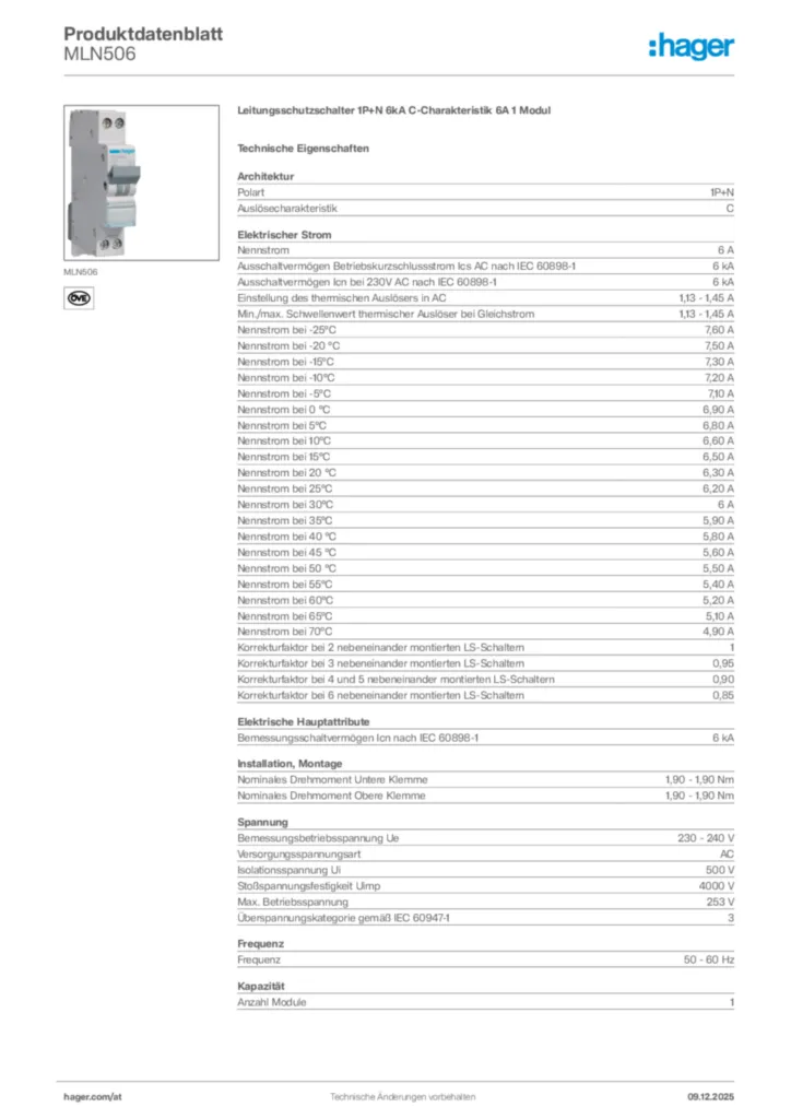 Bild Hager Produktdatenblatt MLN506 | Hager Deutschland