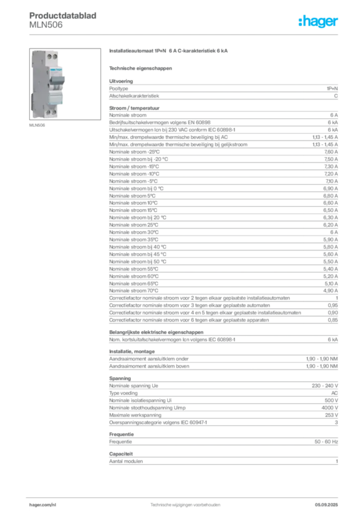 Afbeelding Hager Productdatablad MLN506 | Hager Nederland