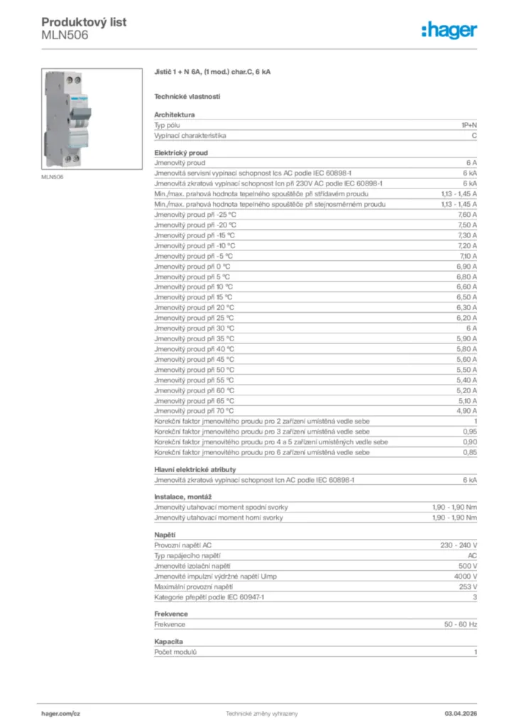 Obrázek Hager Product data sheet MLN506 | Hager