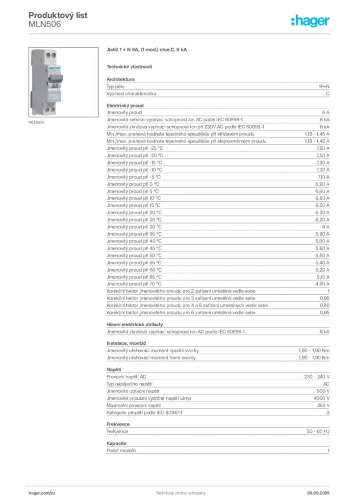 Obrázek Hager Produktový list MLN506 | Hager