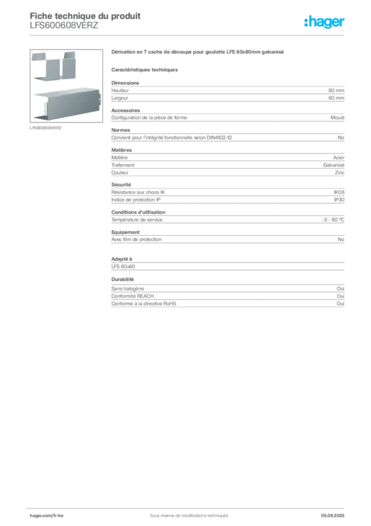 Image Hager Fiche technique du produit LFS600608VERZ | Hager Belgique