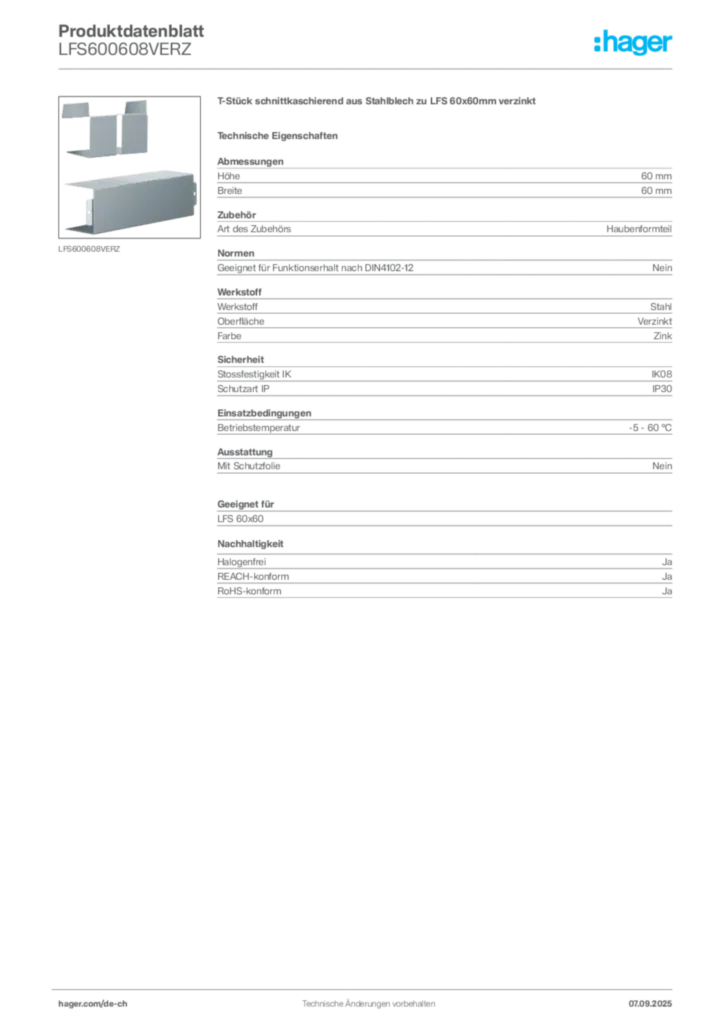 Bild Hager Produktdatenblatt LFS600608VERZ | Hager Schweiz