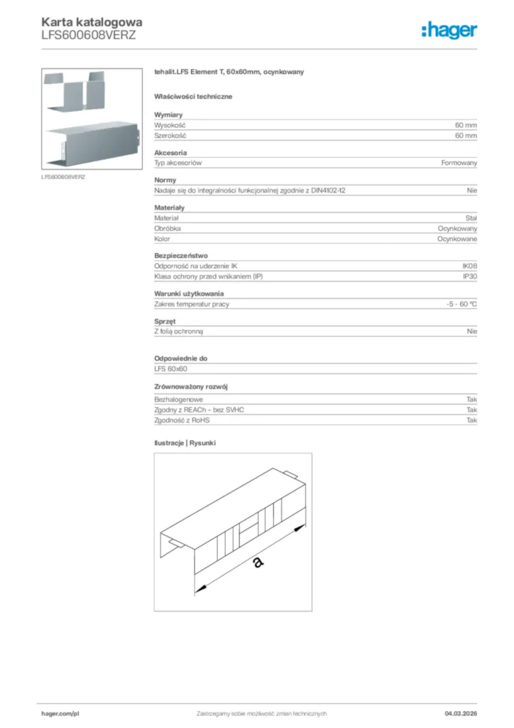 Zdjęcie Hager Karta katalogowa LFS600608VERZ | Hager Polska