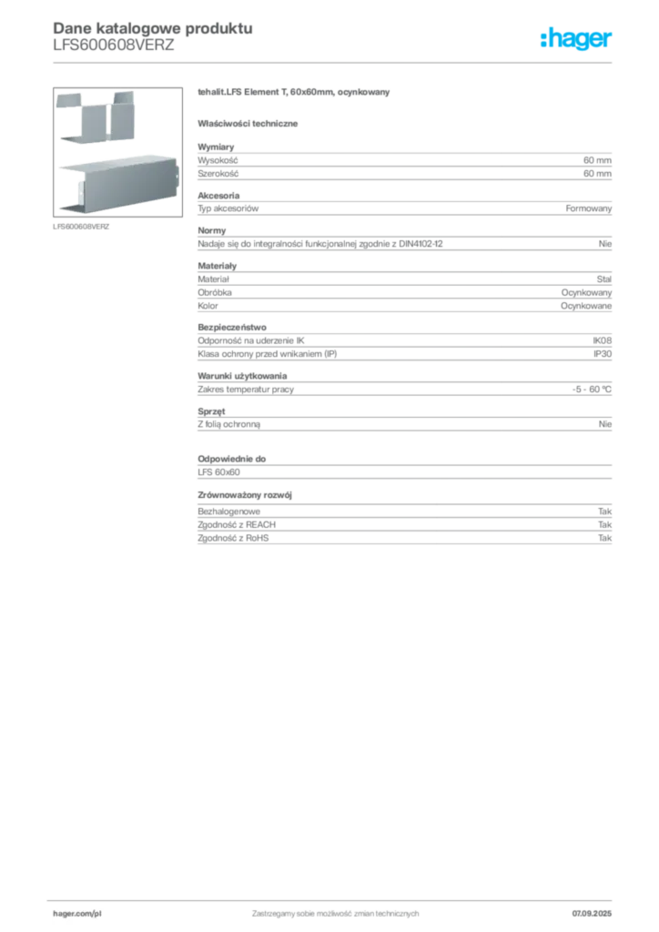 Zdjęcie Hager Dane katalogowe produktu LFS600608VERZ | Hager Polska