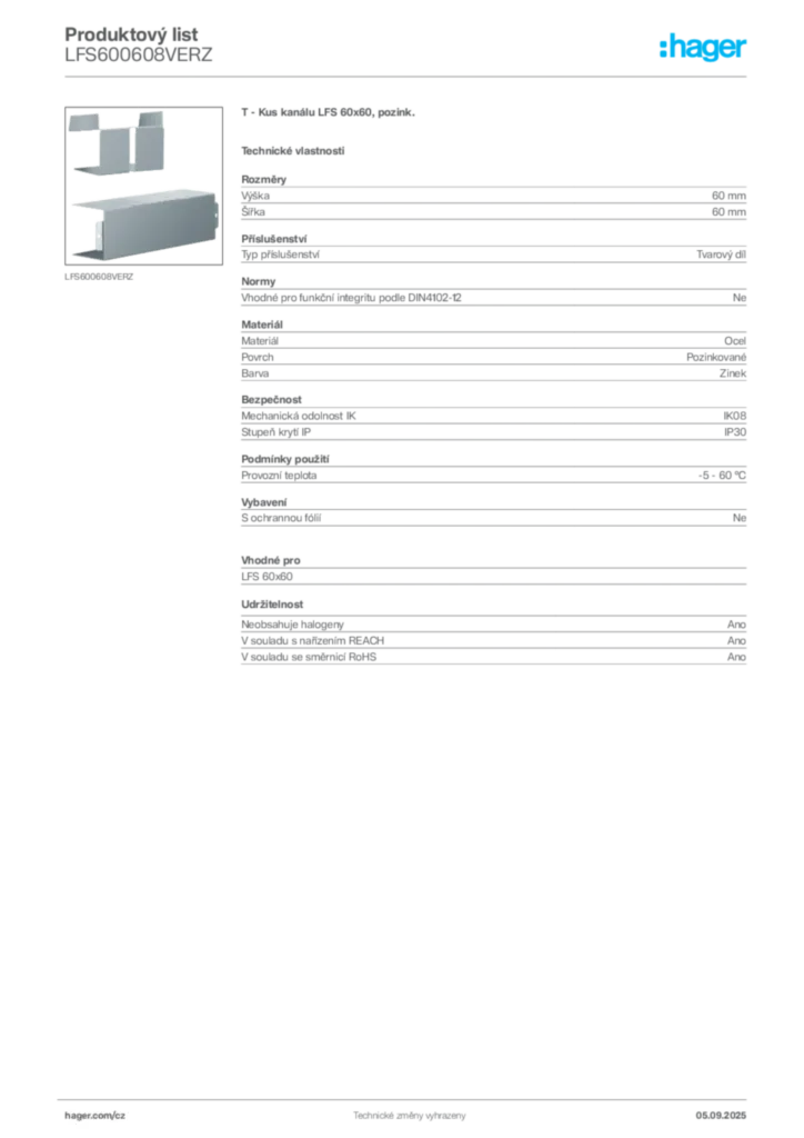 Obrázek Hager Produktový list LFS600608VERZ | Hager