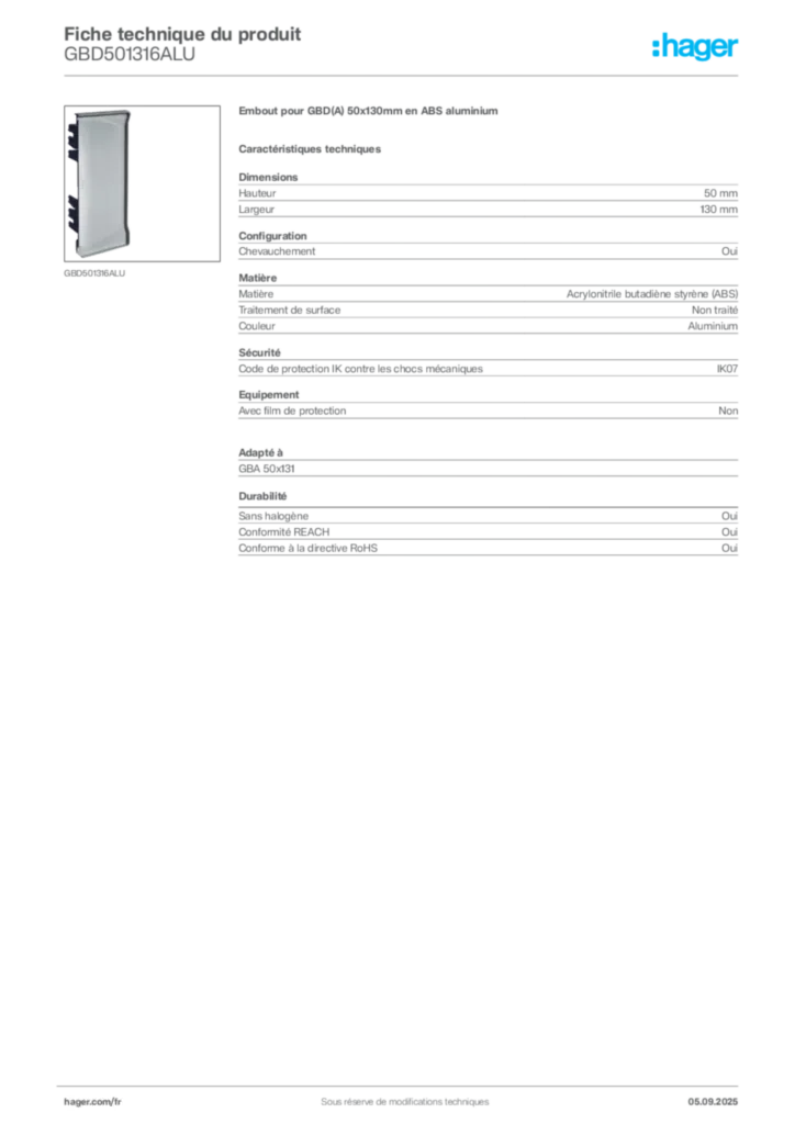 Image Hager Fiche technique du produit GBD501316ALU | Hager France