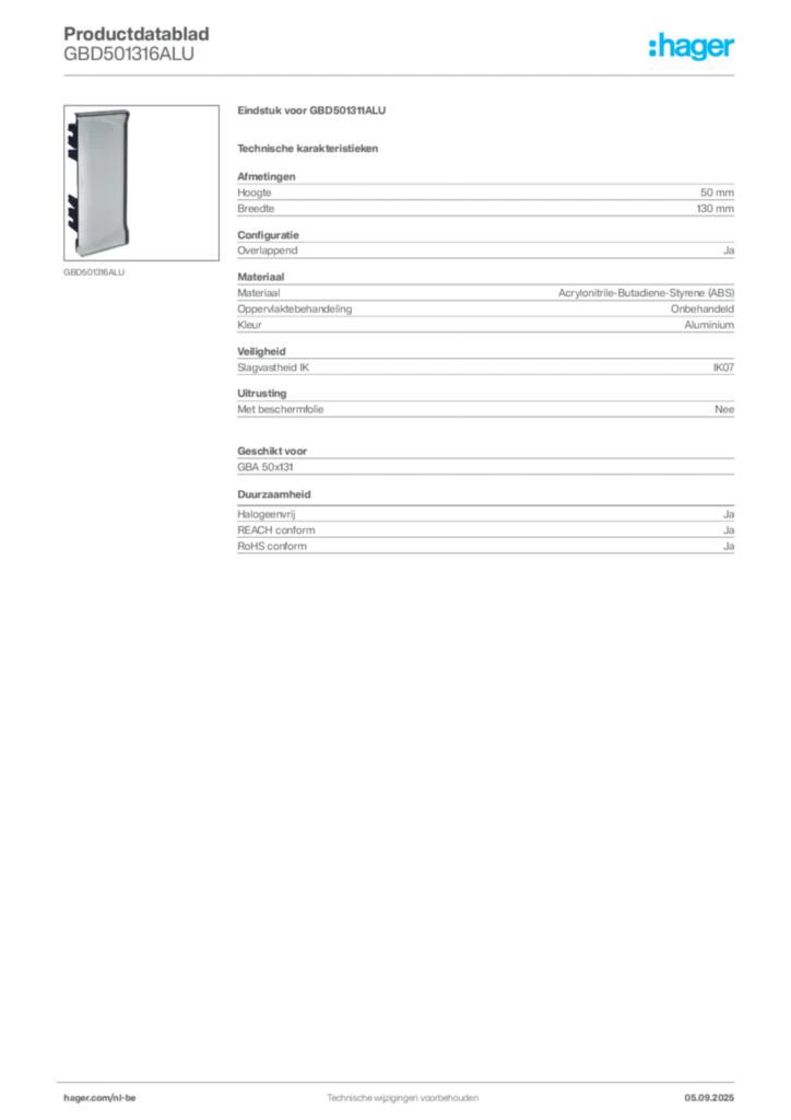 Afbeelding Hager Productdatablad GBD501316ALU | Hager Belgium