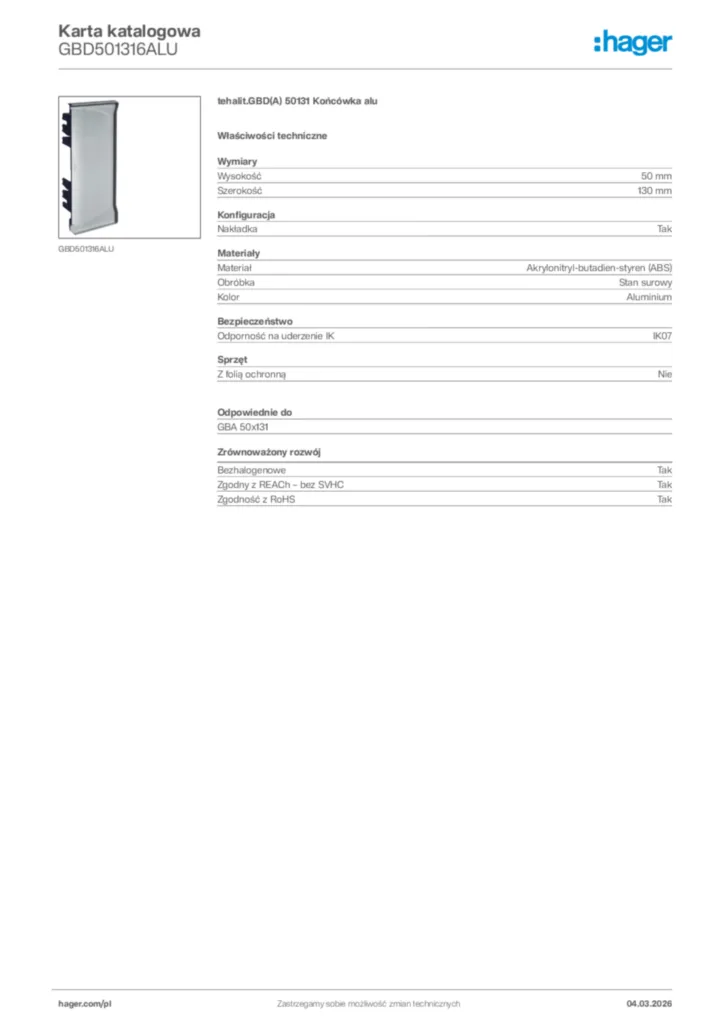 Zdjęcie Hager Karta katalogowa GBD501316ALU | Hager Polska