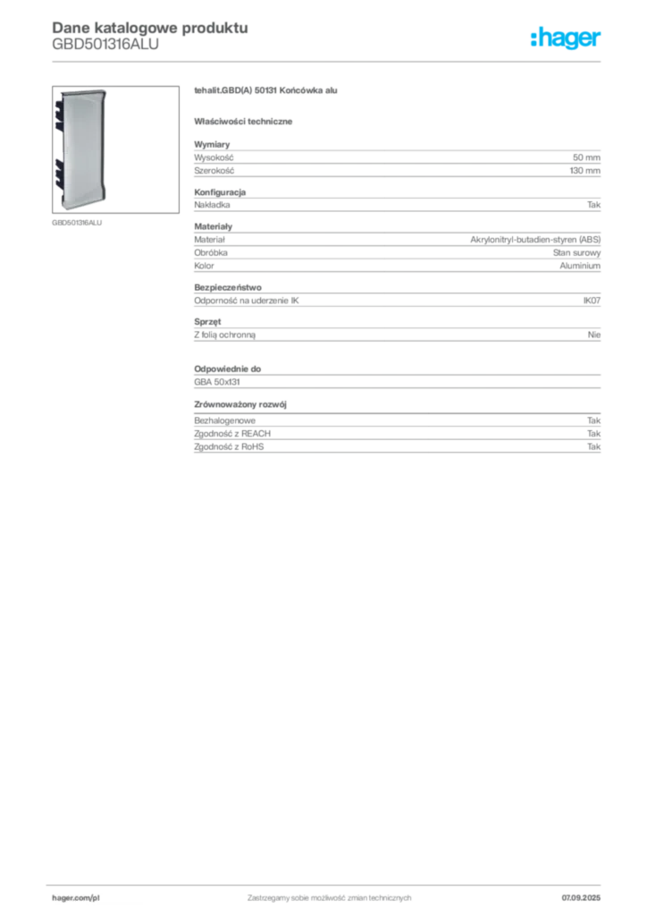 Zdjęcie Hager Dane katalogowe produktu GBD501316ALU | Hager Polska