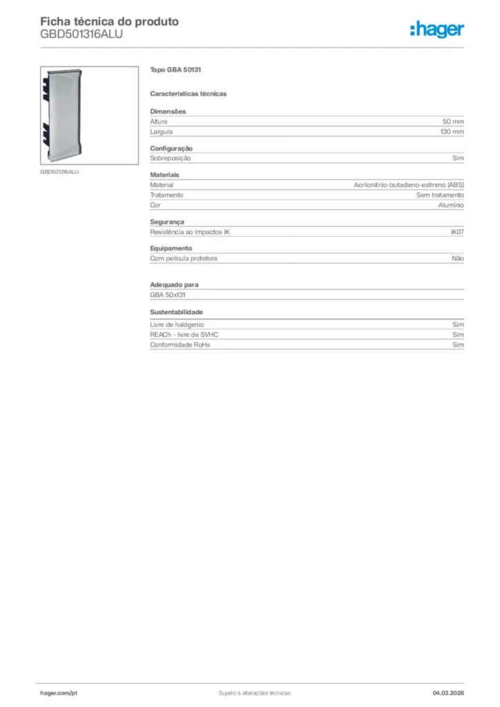 Imagem Hager Ficha técnica do produto GBD501316ALU | Hager Portugal