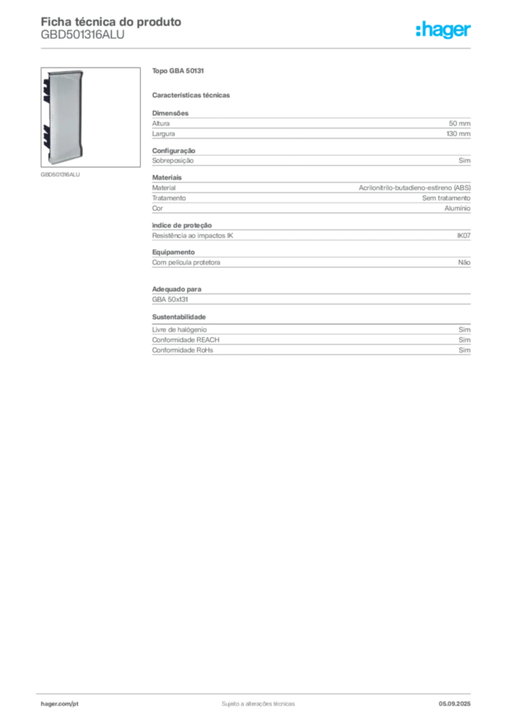Imagem Hager Ficha técnica do produto GBD501316ALU | Hager Portugal