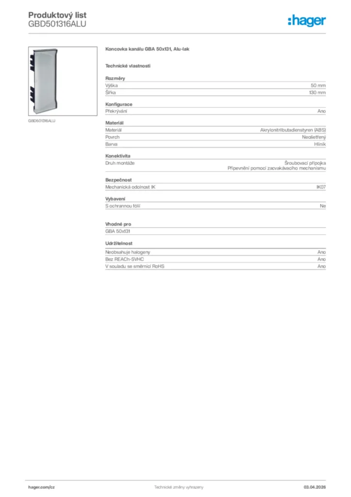 Obrázek Hager Product data sheet GBD501316ALU | Hager