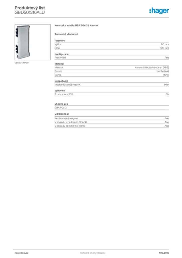 Obrázek Hager Produktový list GBD501316ALU | Hager