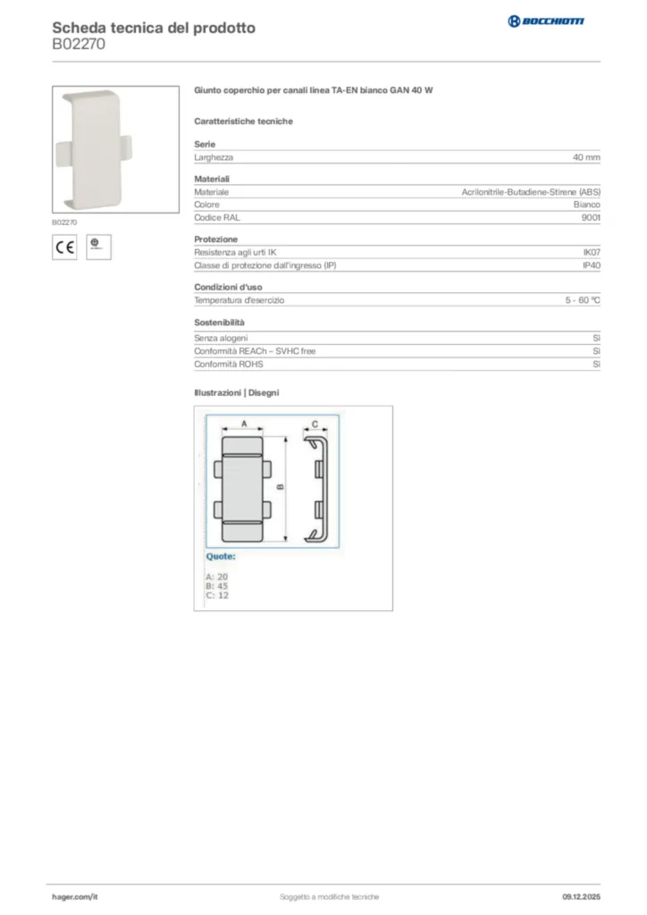 Immagine Bocchiotti Scheda tecnica del prodotto B02270 | Hager Italia