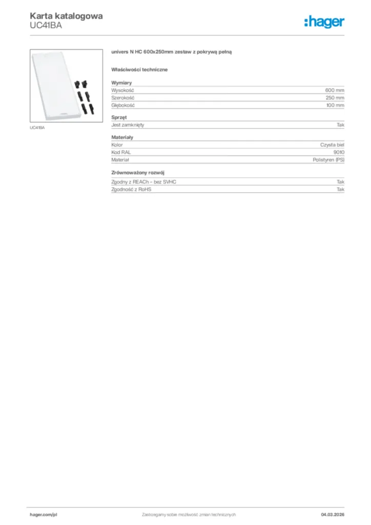 Zdjęcie Hager Karta katalogowa UC41BA | Hager Polska