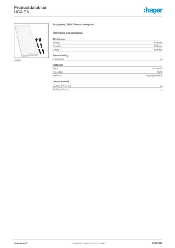 Afbeelding Hager Productdatablad UC41BA | Hager Nederland