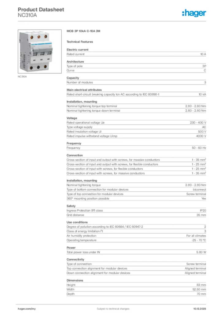 Image Hager Product data sheet NC310A  | Hager