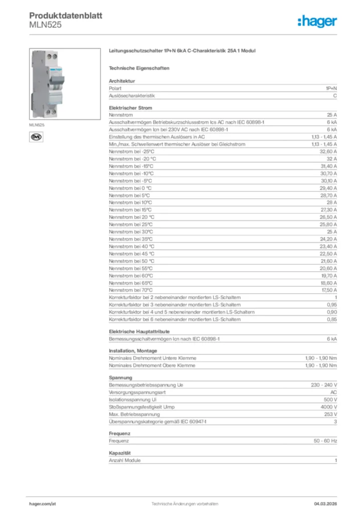 Bild Hager Produktdatenblatt MLN525 | Hager Deutschland