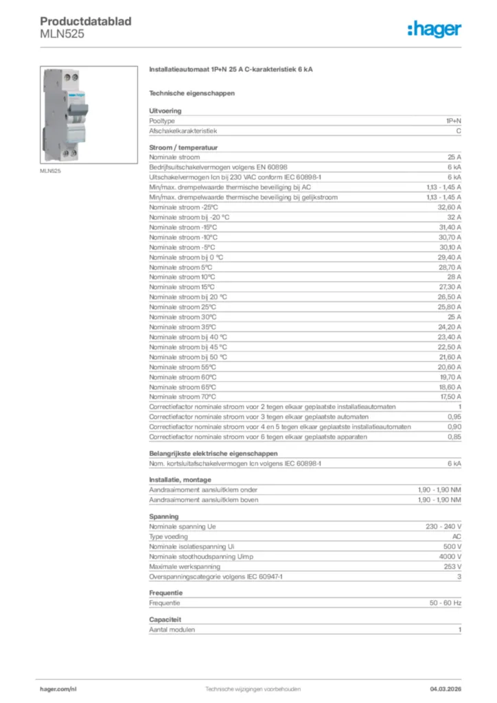 Afbeelding Hager Productdatablad MLN525 | Hager Nederland