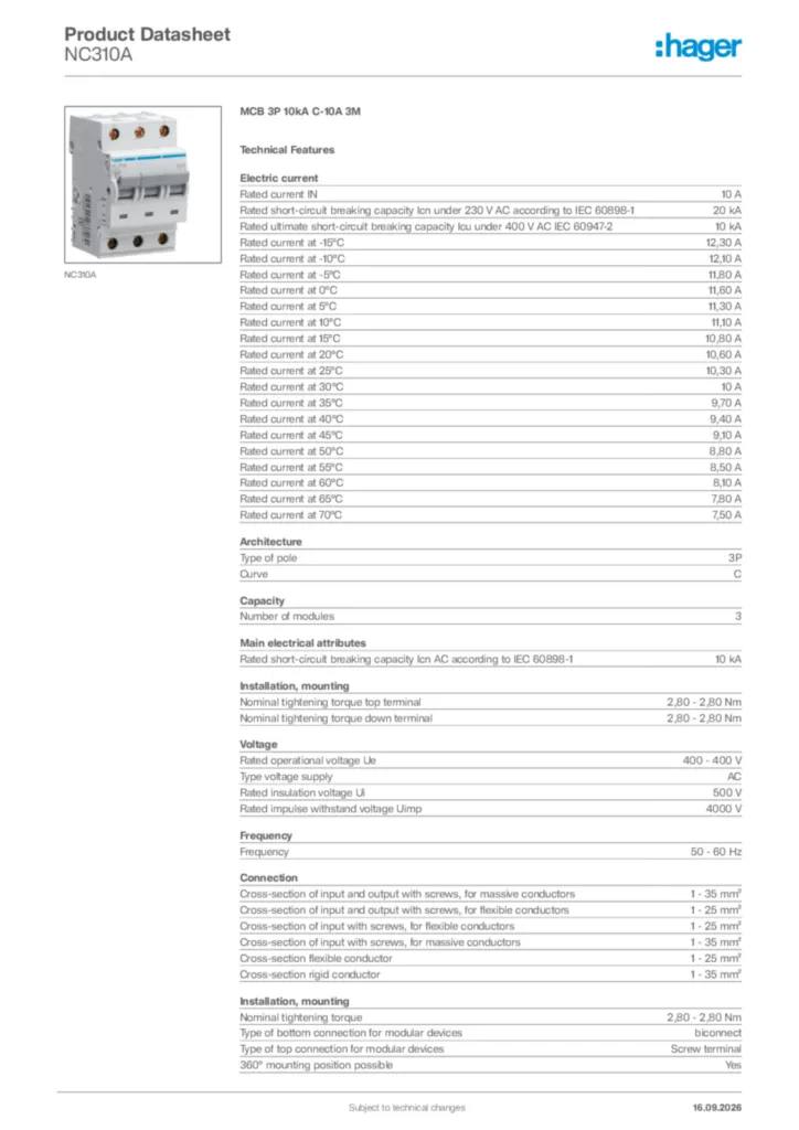 Image Hager Product data sheet NC310A  | Hager