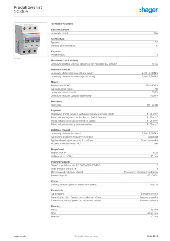 Obrázek Hager Product data sheet NC310A | Hager