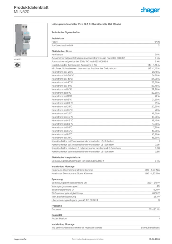 Bild Hager Produktdatenblatt MLN520 | Hager Deutschland
