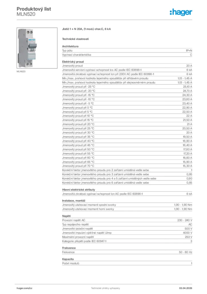 Obrázek Hager Product data sheet MLN520 | Hager
