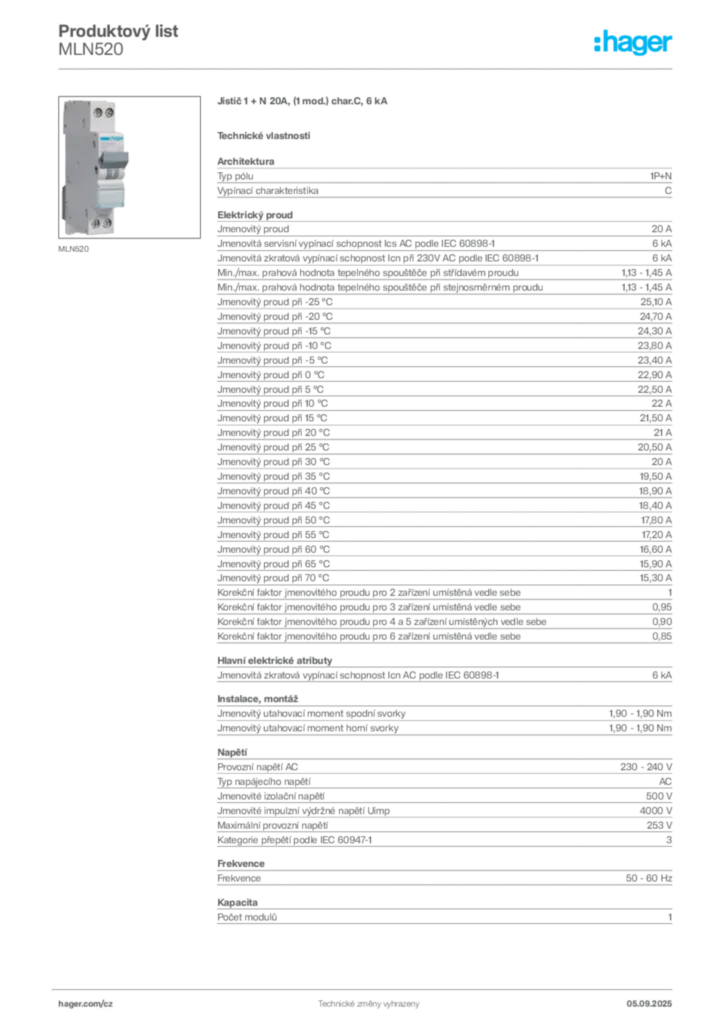 Obrázek Hager Produktový list MLN520 | Hager