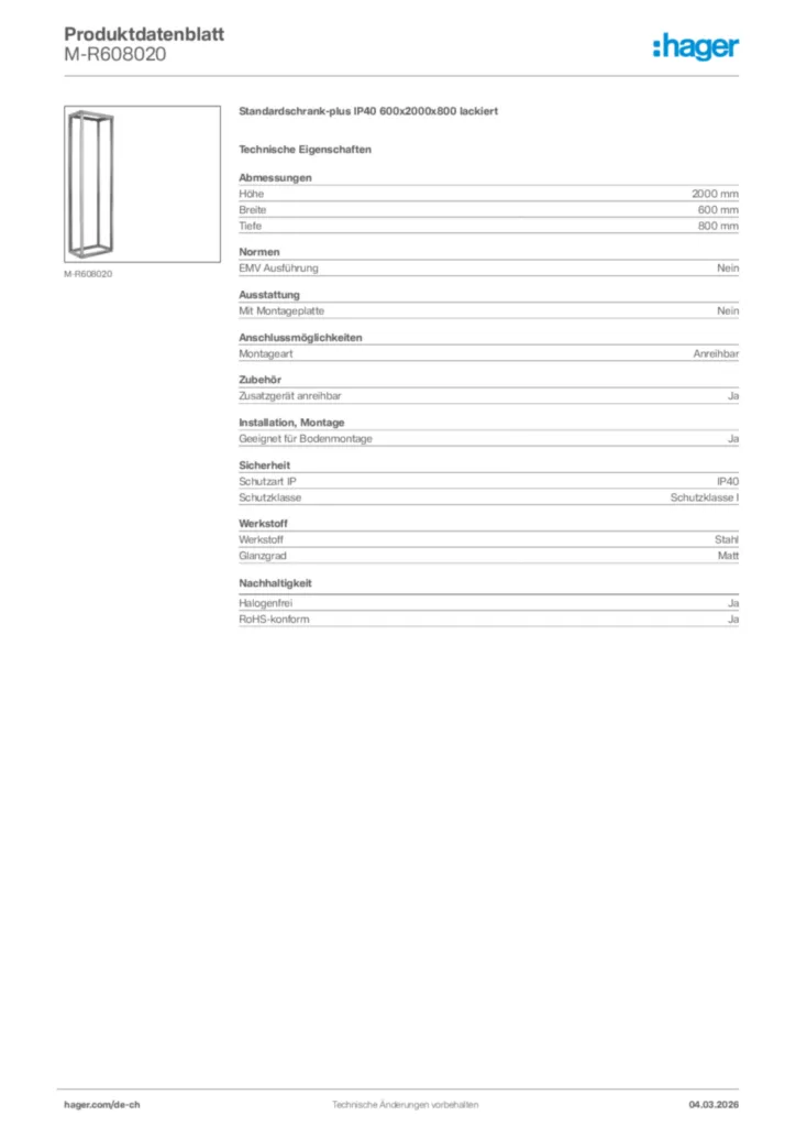 Bild Hager Produktdatenblatt M-R608020 | Hager Schweiz