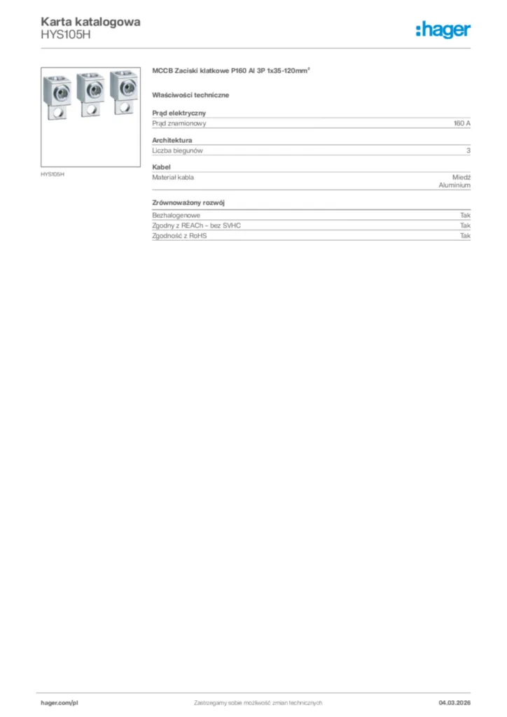 Zdjęcie Hager Karta katalogowa HYS105H | Hager Polska