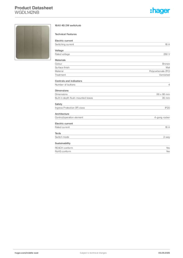 Image Hager Product data sheet WGDL142NB  | Hager