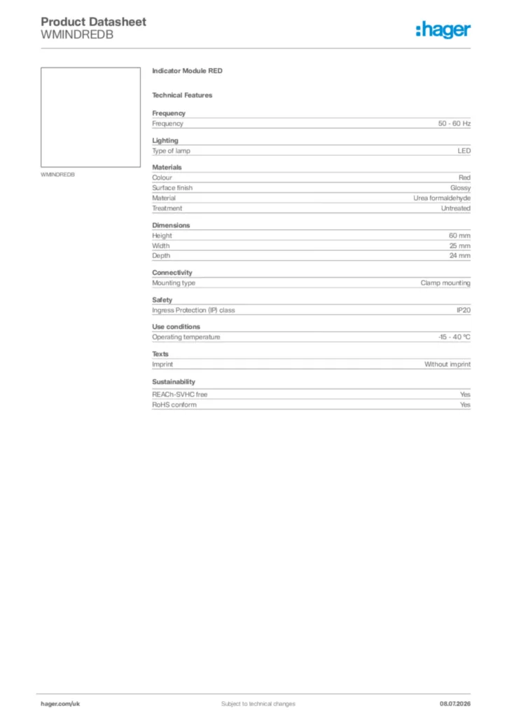 Image Hager Product data sheet WMINDREDB  | Hager