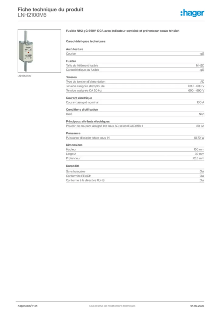 Image Hager Fiche technique du produit LNH2100M6 | Hager Suisse