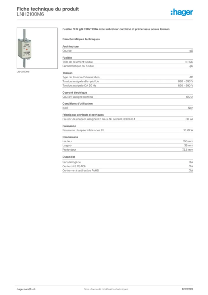 Image Hager Fiche technique du produit LNH2100M6 | Hager Suisse