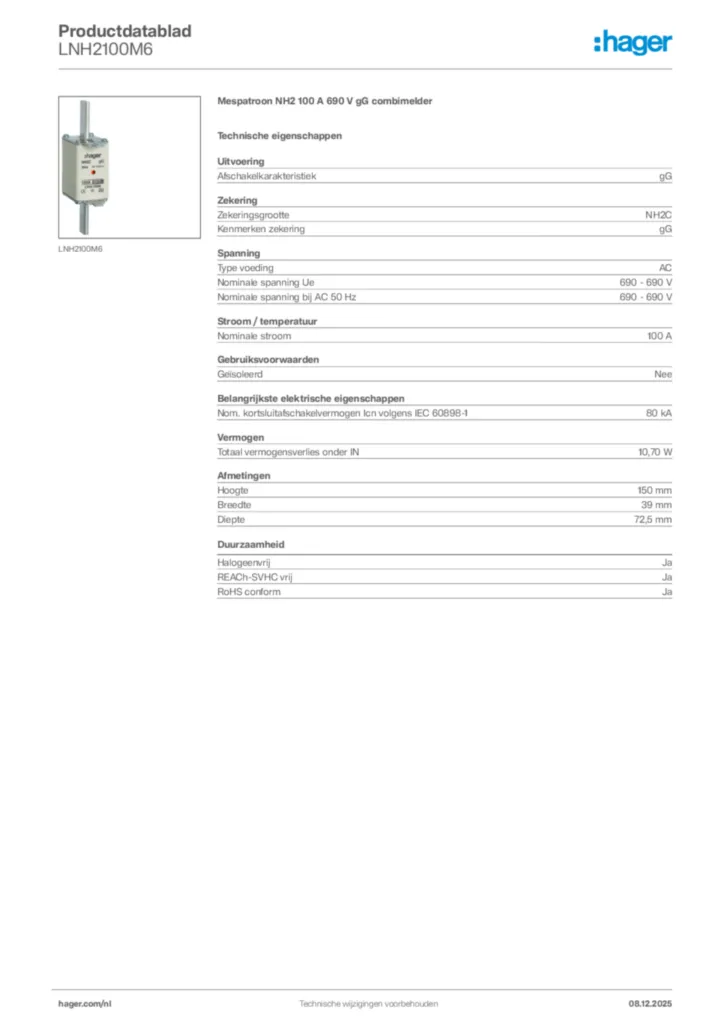 Afbeelding Hager Productdatablad LNH2100M6 | Hager Nederland