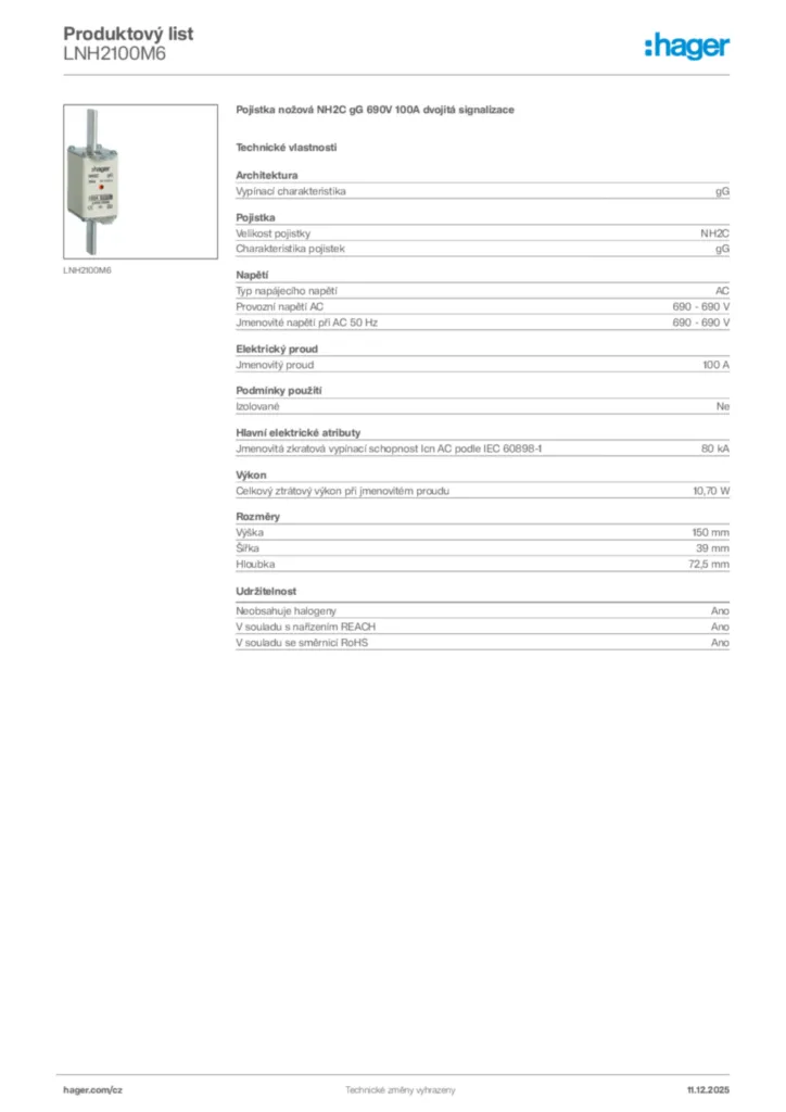 Obrázek Hager Produktový list LNH2100M6 | Hager