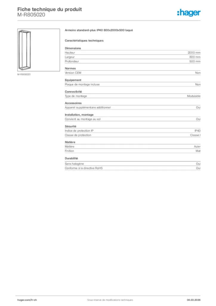 Image Hager Fiche technique du produit M-R805020 | Hager Suisse